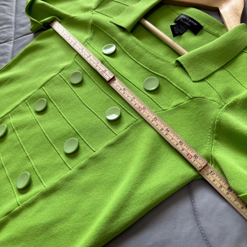 Cable & Gauge Knit Top Women PM Green Good Double Breasted Short Sleeve Square - Picture 6 of 7